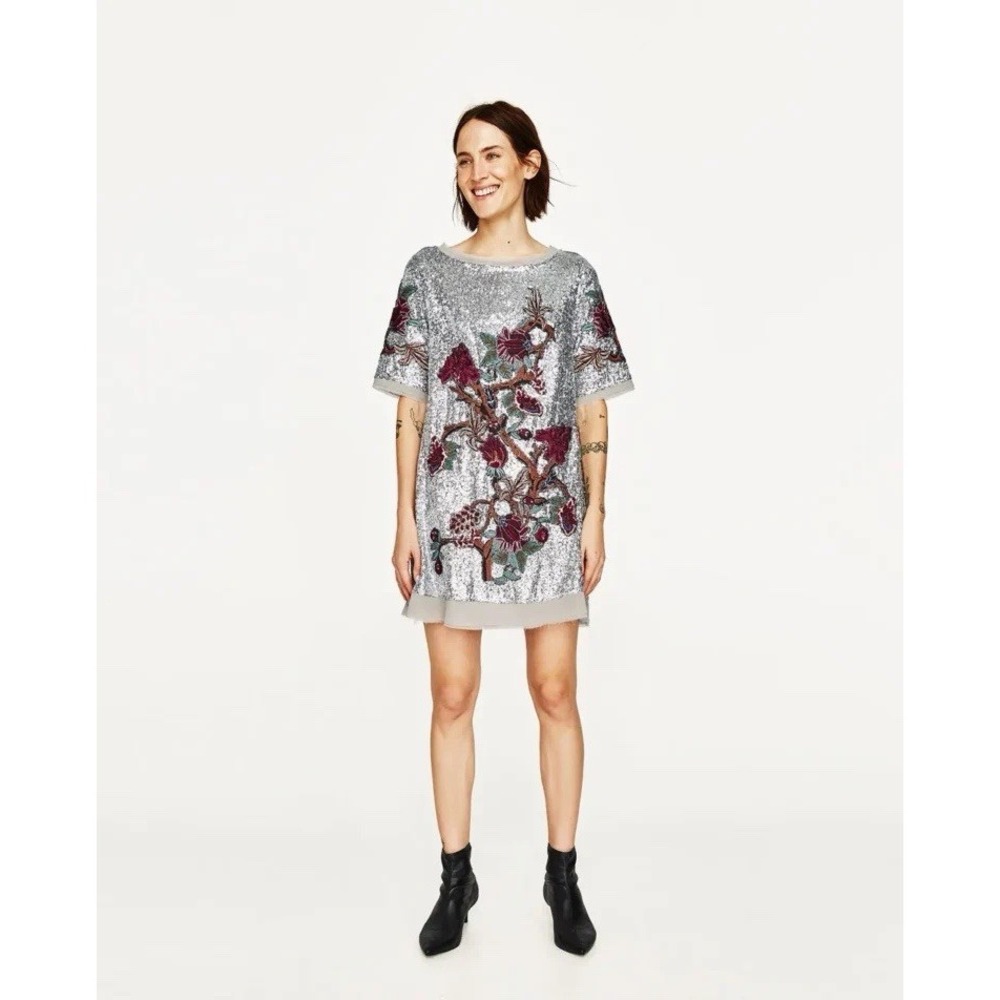 Zara Alexis Rose Schitts Creek Silver Sequin Floral Mini Embroidered dress Sz M